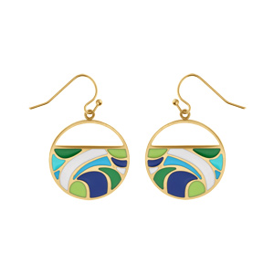 Boucles d\'oreille Stella Mia en acier doré jaune motif résine verte et bleue - Vue 1