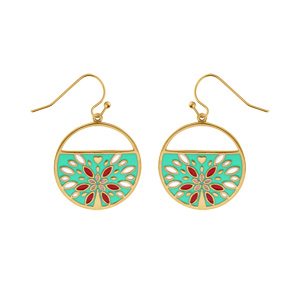 Boucles d\'oreille Stella Mia en acier doré jaune motif résine verte et rouge - Vue 1