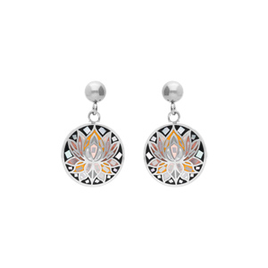 Boucles d\'oreille Stella Mia en acier doré jaune ronde motif fleur de lotus résine et nacre - Vue 1