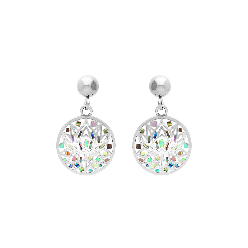 Boucles d\'oreille Stella Mia en acier dor� jaune ronde motif  r�sine et nacre multicouleur - Vue 1