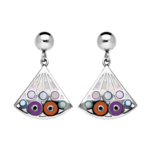 Boucles d\'oreille Stella Mia en acier et nacre ventail suspendu avec motif violet et orange et fermoir poussette - Vue 1