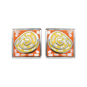 Boucles d\'oreille Stella Mia en acier et nacre forme rectangle avec spirale orange et jaune et fermoir poussette - Vue 1