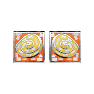 Boucles d\'oreille Stella Mia en acier et nacre forme rectangle avec spirale orange et jaune et fermoir poussette - Vue 1