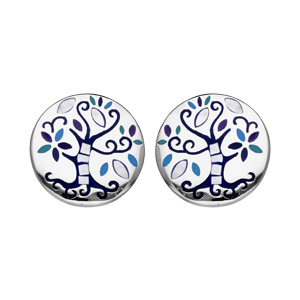 Boucles d\'oreille Stella Mia en acier et nacre rondes avec arbre de vie bleu et fermoir poussette - Vue 1