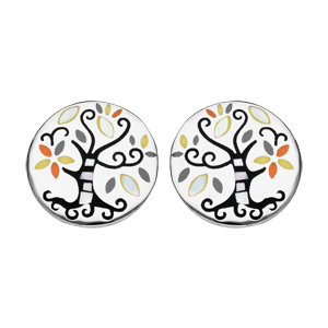 Boucles d\'oreille Stella Mia en acier et nacre rondes avec arbre de vie jaune et fermoir poussette - Vue 1