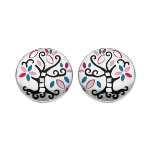 Boucles d\'oreille Stella Mia en acier et nacre rondes avec arbre de vie noir et fermoir poussette - Vue 1
