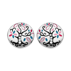 Boucles d\'oreille Stella Mia en acier et nacre rondes avec arbre de vie noir et fermoir poussette - Vue 1