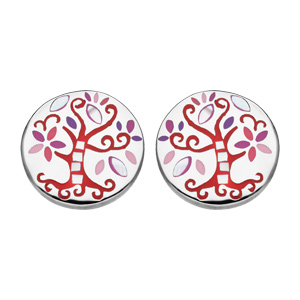 Boucles d\'oreille Stella Mia en acier et nacre rondes avec arbre de vie rouge et fermoir poussette - Vue 1