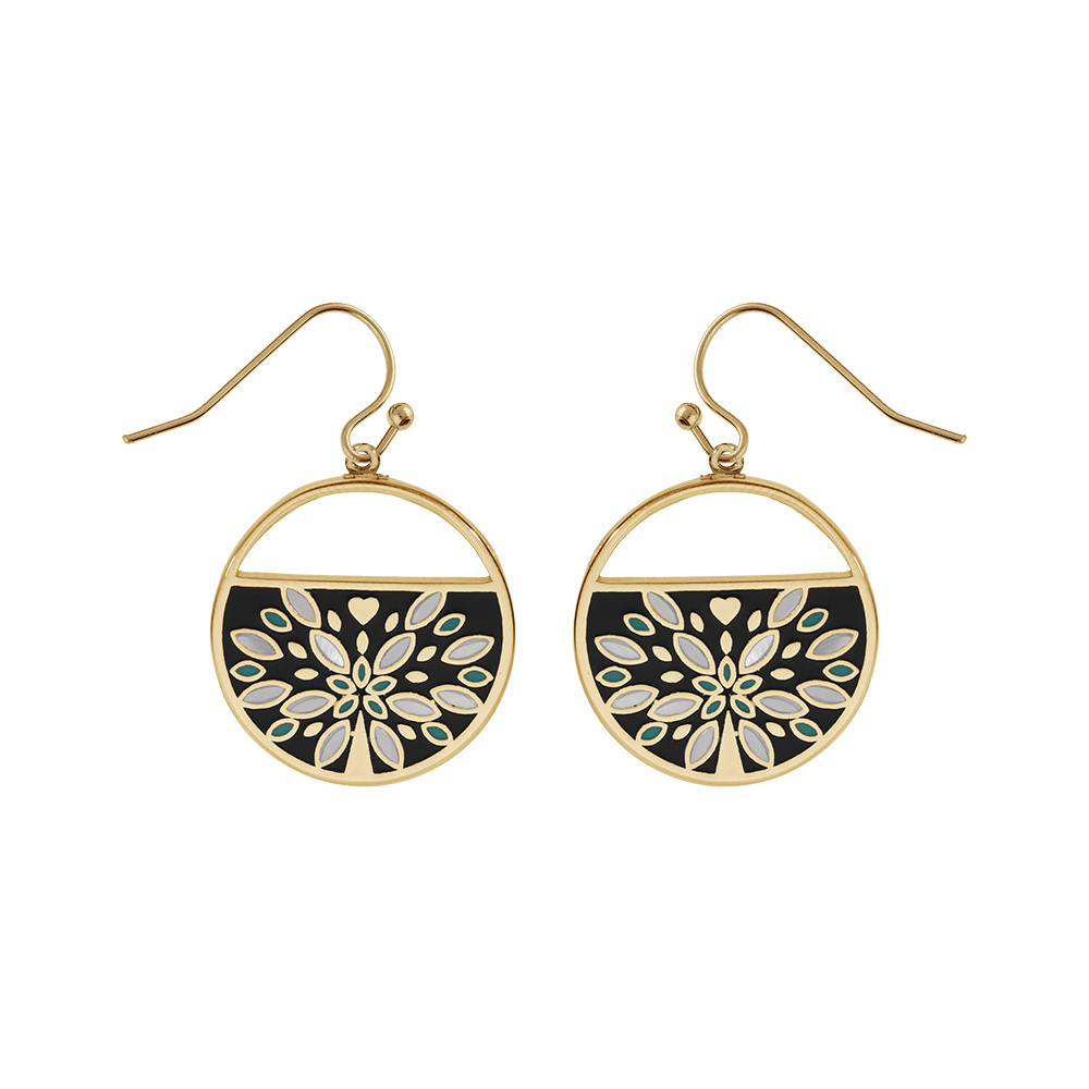 Boucles d\'oreille Stella Mia en acier et PVD dor� ronde motif p�tales nacre blanche sur fond noir fermoir crochet - Vue 1