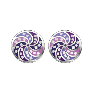 Boucles d\'oreille Stella Mia en acier ronde avec rosace violet rose et nacre avec fermoir poussette - Vue 1