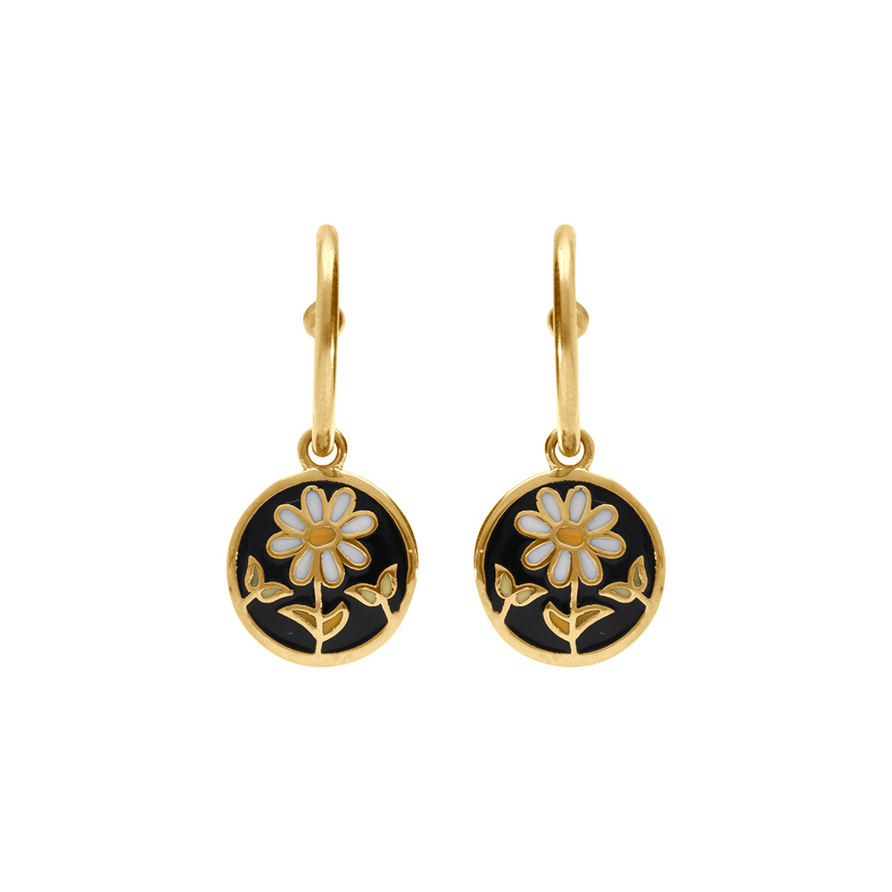 Boucles d\'oreille Stella Mia ronde en acier dor� jaune ronde r�sine noire fleur - Vue 1