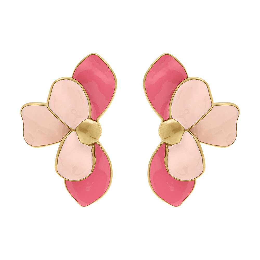 Boucles d\'oreille Stella Mia tige en acier dor� demi fleur r�sine rose - Vue 1