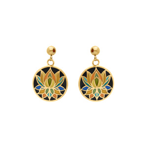 Boucles d\'oreille Stella Mia tige en acier doré résine fond noir et fleur de lotus - Vue 1