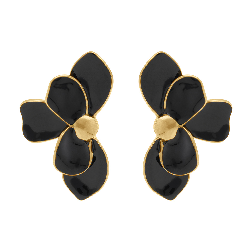Boucles d\'oreille Stella Miatige en acier dor�  demi fleur r�sine noir - Vue 1