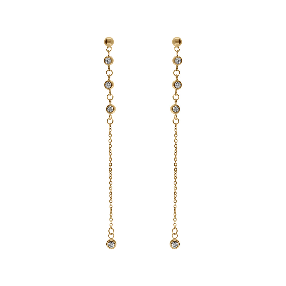 Boucles d\'oreille tige acier et PVD dor� pendante avec oxydes blancs sertis clos - Vue 1