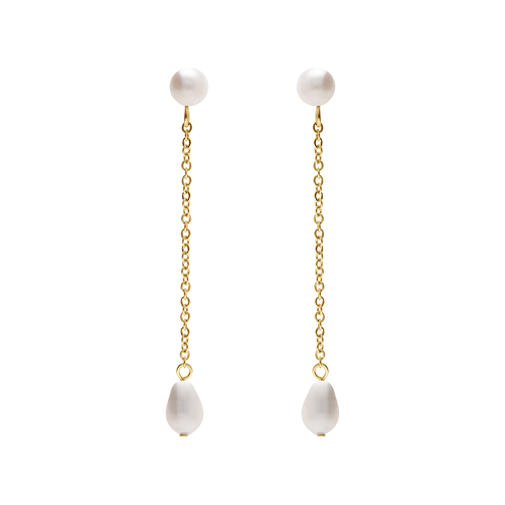 Boucles d\'oreille tige acier et PVD jaune pendante avec perles de culture d\'eau douce - Vue 1