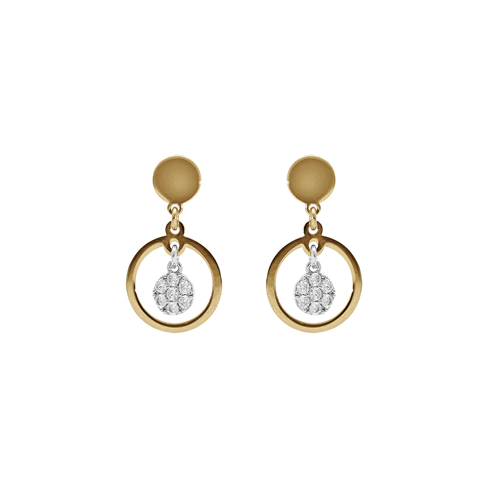 Boucles d\'oreille tige argent dor� jaune cercles et pastilles oxydes blancs - Vue 1