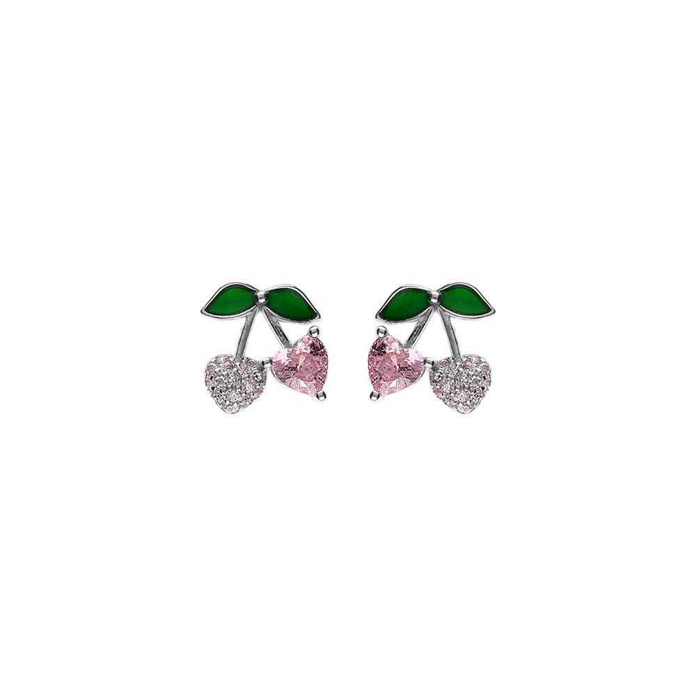 Boucles d\'oreille tige argent rhodi� cerise oxydes forme coeur rose et verts - Vue 1