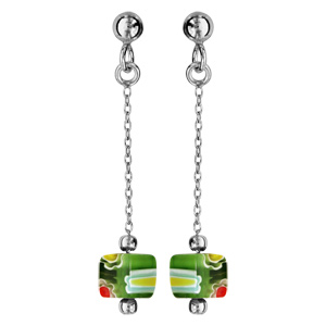 Boucles d\'oreille tige argent rhodié pendante cube en verre vert - Vue 1