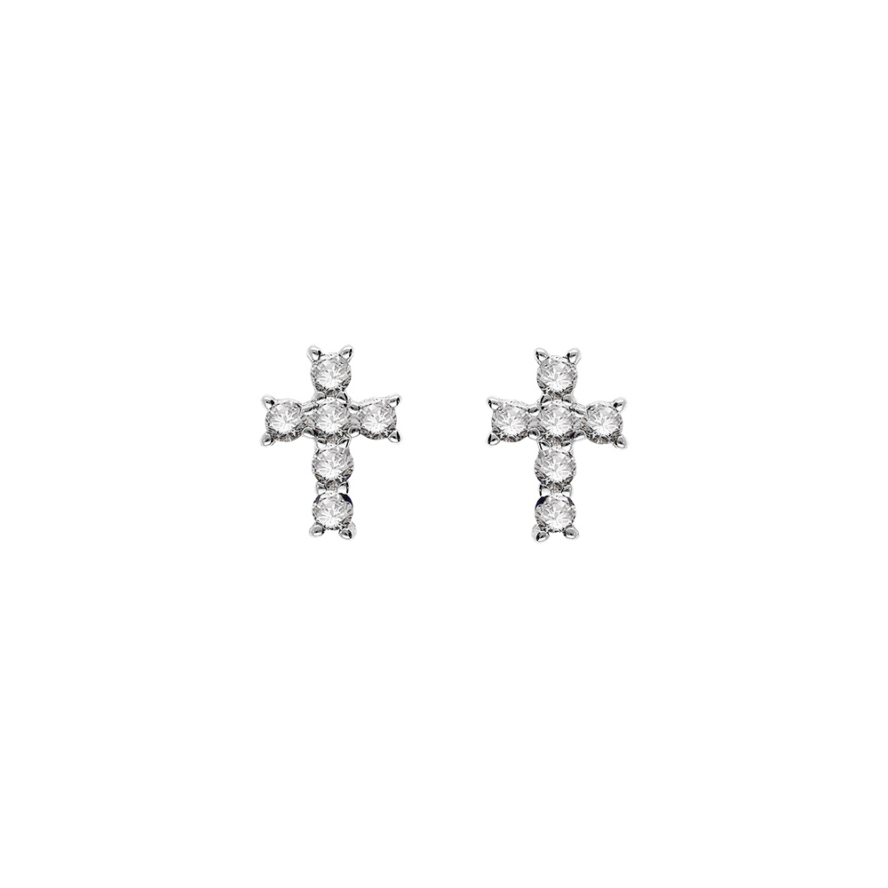 Boucles d\'oreille tige argent rhodi� pendentif croix oxydes blancs - Vue 1
