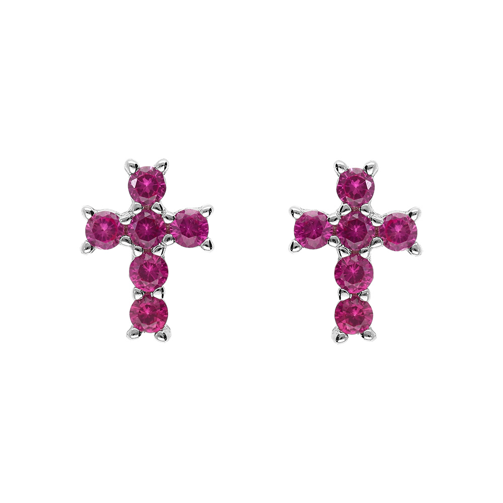 Boucles d\'oreille tige argent rhodi� pendentif croix oxydes fushia - Vue 1