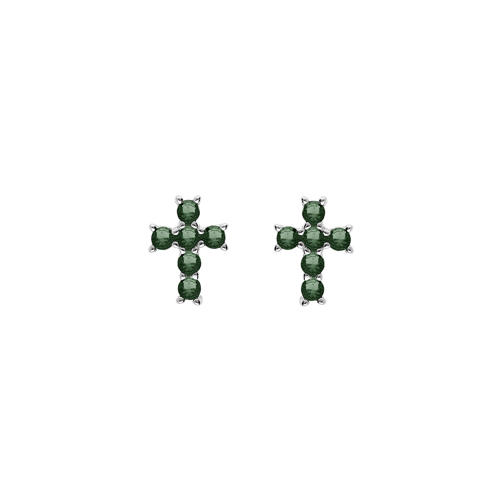 Boucles d\'oreille tige argent rhodi� pendentif croix oxydes vert - Vue 1