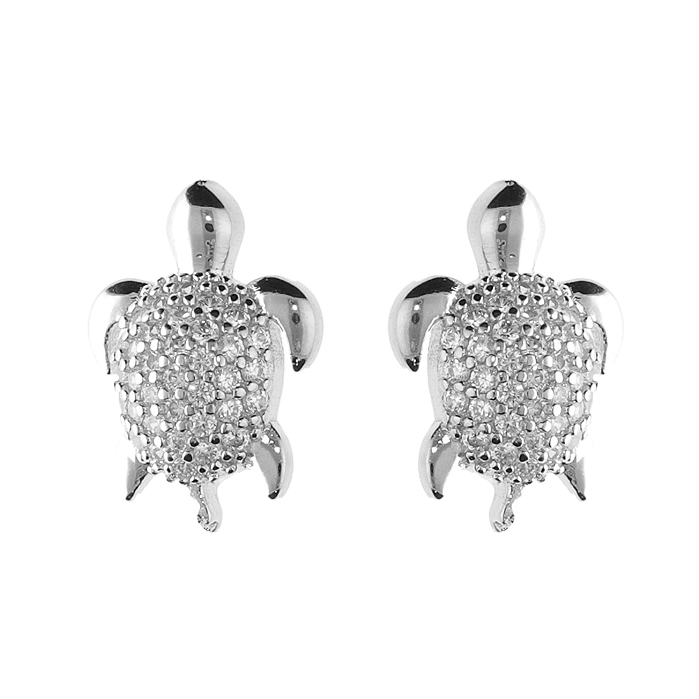 Boucles d\'oreille tige, argent rhodi� puce tortue avec oxydes blancs - Vue 1