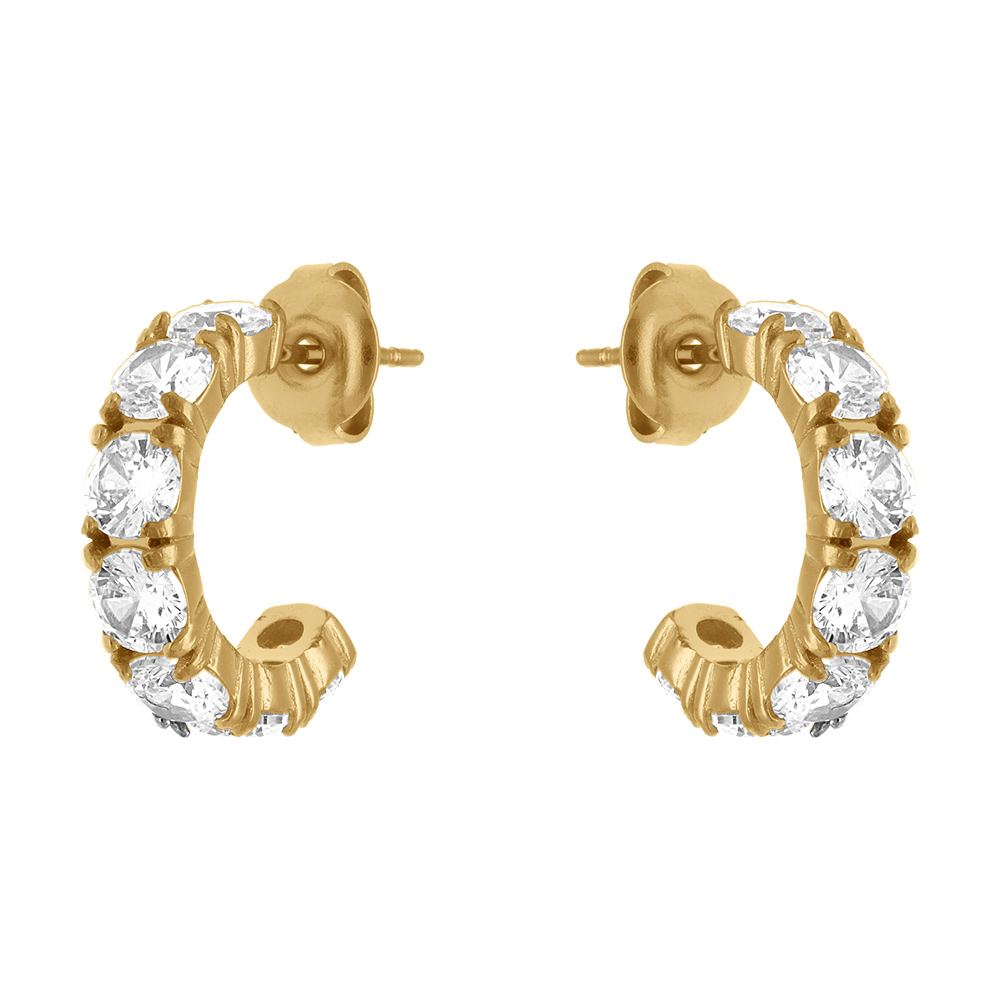 Boucles d\'oreille tige demi cr�oles en acier dor� pav�es d\'oxydes blancs sertis - Vue 1