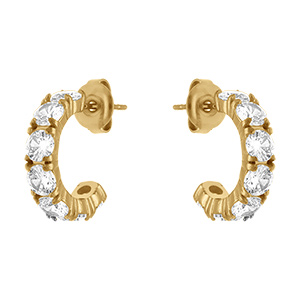 Boucles d'oreille tige demi cr�oles en acier dor� pav�es d'oxydes blancs sertis