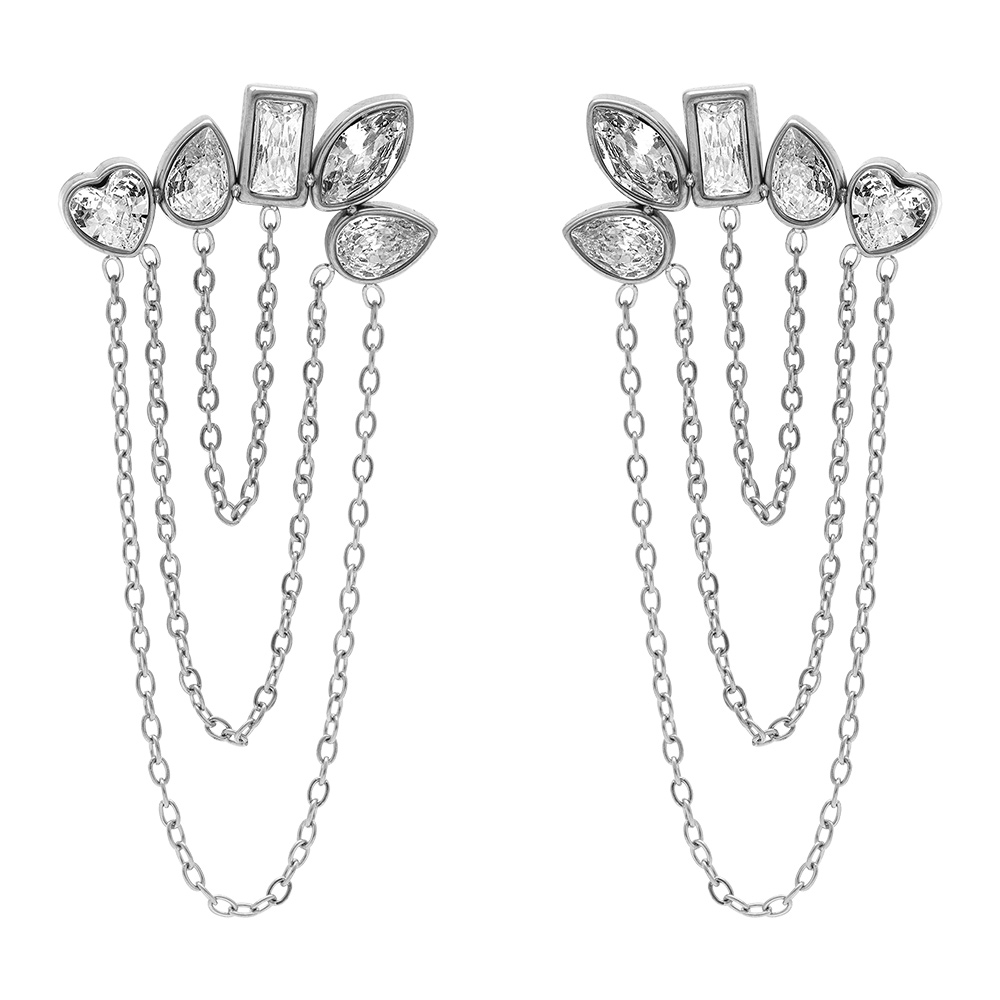 Boucles d\'oreille tige en acier cinq oxydes blancs avec cha�nettes - Vue 1