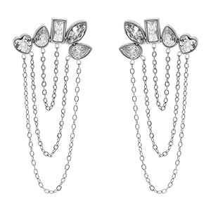 Boucles d'oreille tige en acier cinq oxydes blancs avec cha�nettes