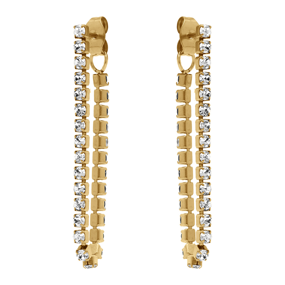 Boucles d\'oreille tige en acier dor�, cha�nette d\'oxydes blancs sertis - Vue 1