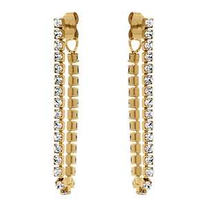 Boucles d'oreille tige en acier dor�, cha�nette d'oxydes blancs sertis