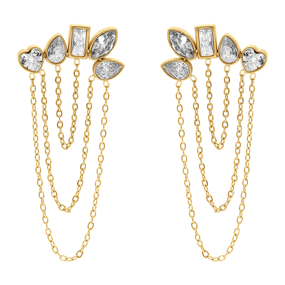Boucles d\'oreille tige en acier dor� cinq oxydes blancs avec cha�nettes - Vue 1