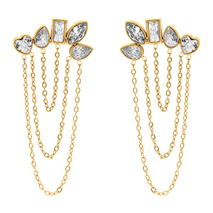 Boucles d'oreille tige en acier dor� cinq oxydes blancs avec cha�nettes