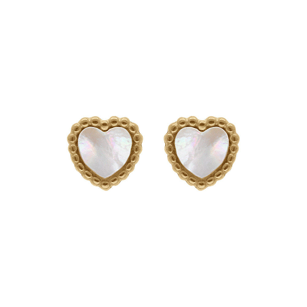 Boucles d\'oreille tige en acier dor� coeur nacre blanche imitation - Vue 1