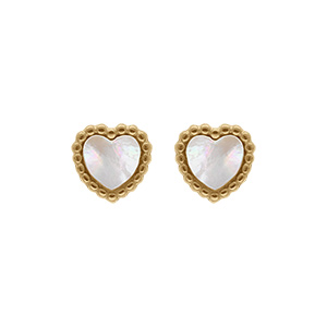 Boucles d'oreille tige en acier dor� coeur nacre blanche imitation