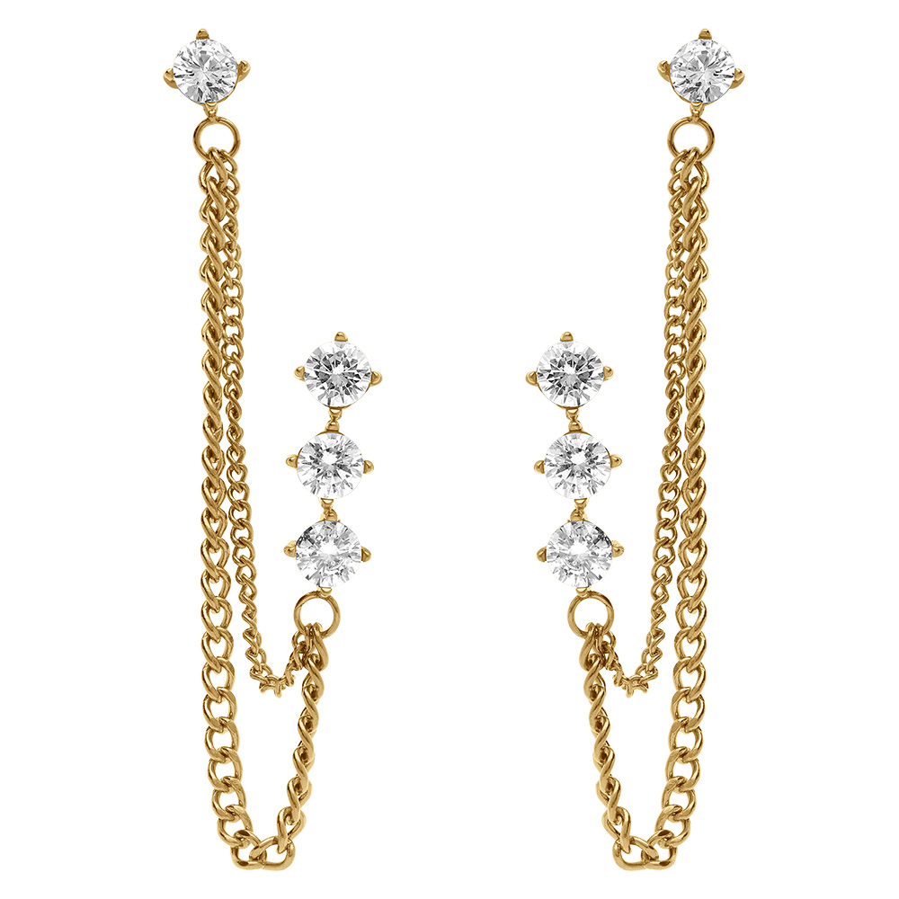 Boucles d\'oreille tige en acier dor� double cha�ne et 4 oxydes blancs sertis - Vue 1