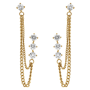 Boucles d'oreille tige en acier dor� double cha�ne et 4 oxydes blancs sertis