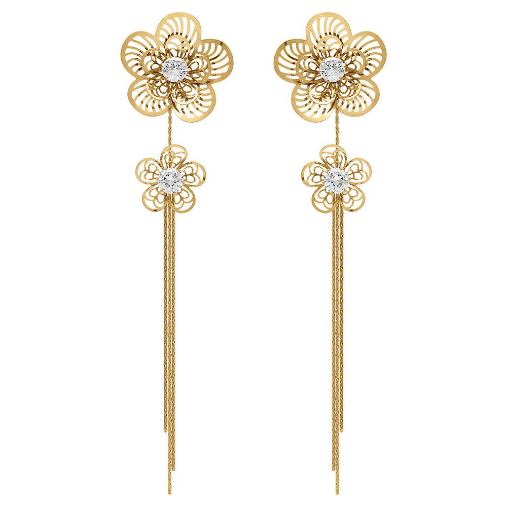 Boucles d\'oreille tige en acier dor� double fleur avec oxydes blancs - Vue 1