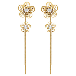 Boucles d'oreille tige en acier dor� double fleur avec oxydes blancs