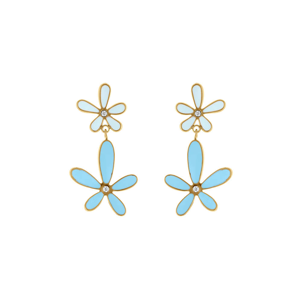 Boucles d\'oreille tige en acier dor� double fleur r�sine bleue - Vue 1