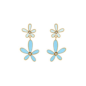 Boucles d\'oreille tige en acier dor double fleur rsine bleue - Vue 1