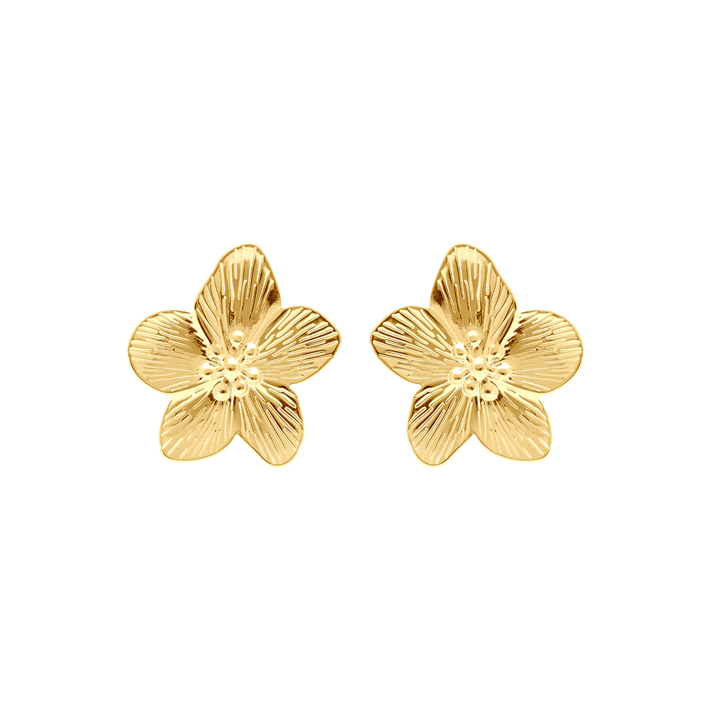 Boucles d\'oreille tige en acier dor� fleur 30mm, fermoir � poussette - Vue 1