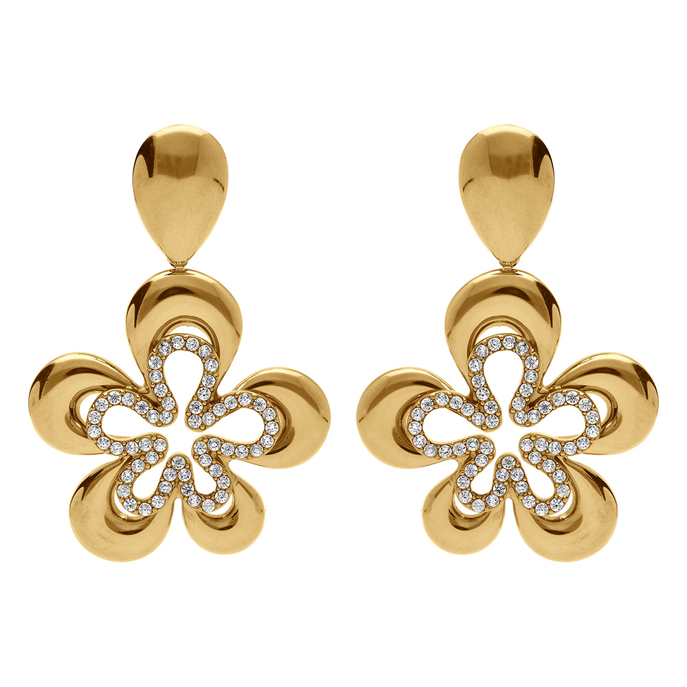 Boucles d\'oreille tige en acier dor� fleur avec oxydes blancs - Vue 1