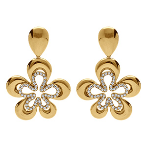 Boucles d'oreille tige en acier dor� fleur avec oxydes blancs