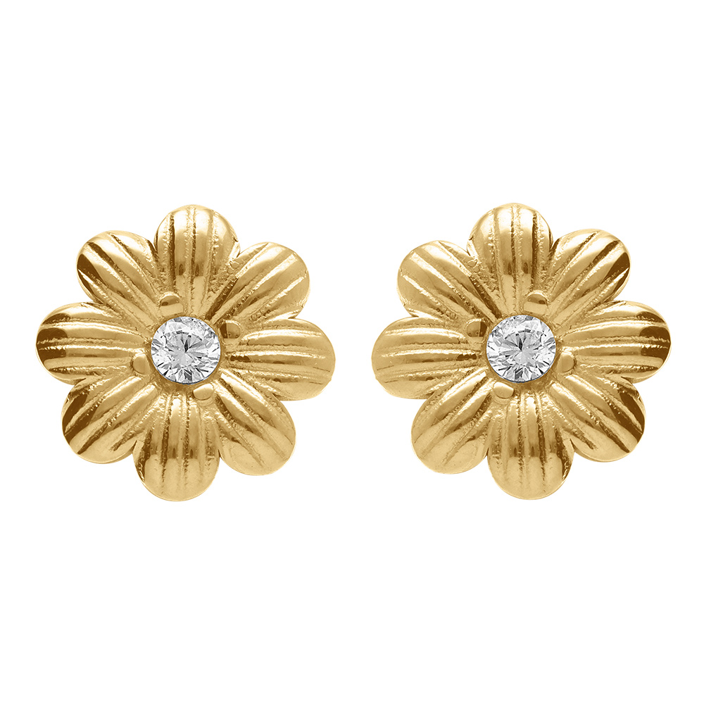 Boucles d\'oreille tige en acier dore fleur avec oxydes blancs sertis - Vue 1