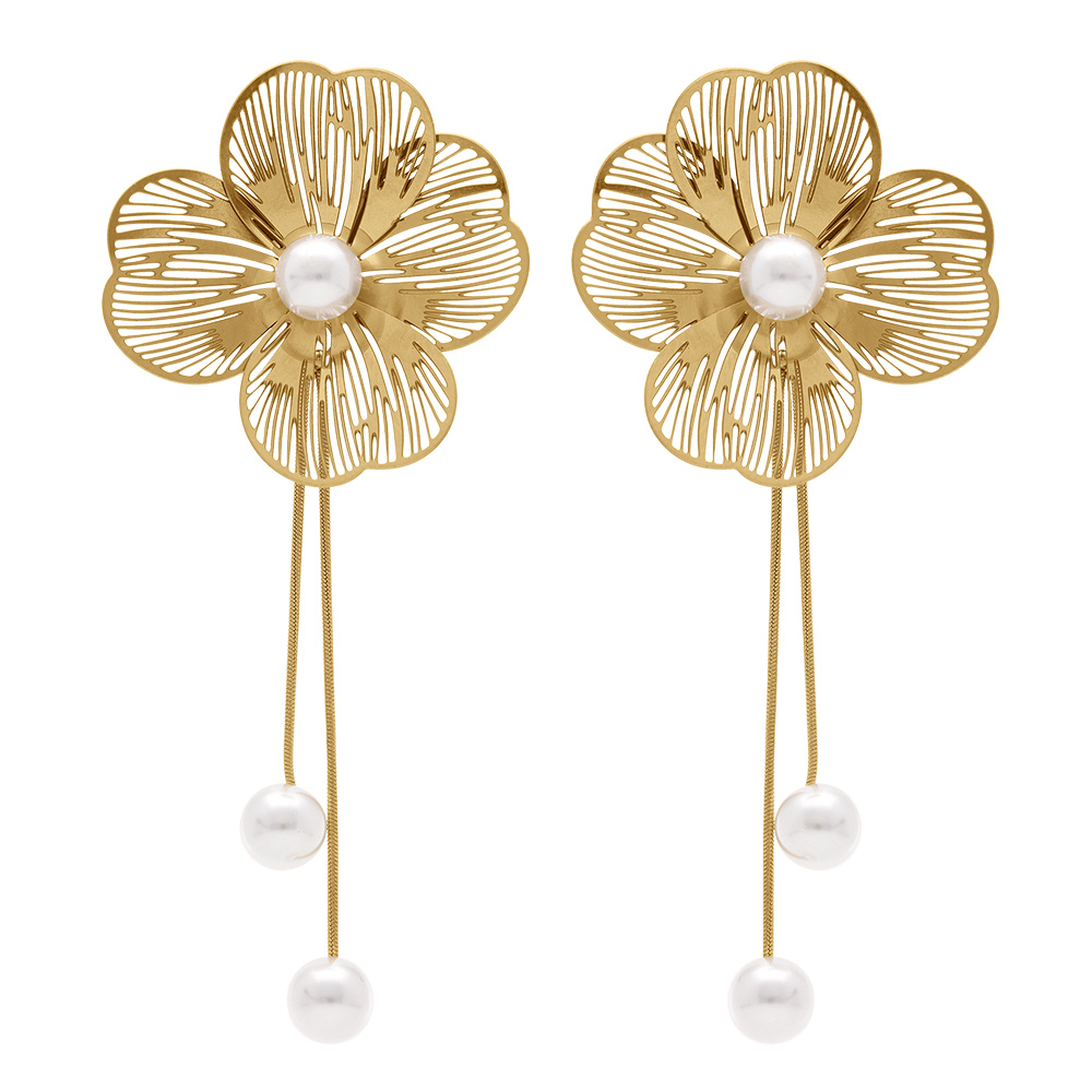 Boucles d\'oreille tige en acier dor� fleur avec perle blanche imitation pendant deux  fils - Vue 1