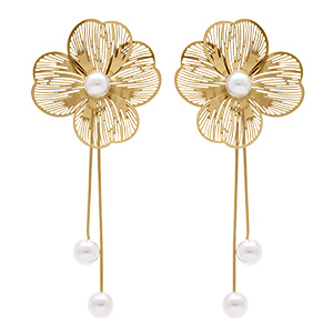 Boucles d'oreille tige en acier dor� fleur avec perle blanche imitation pendant deux  fils