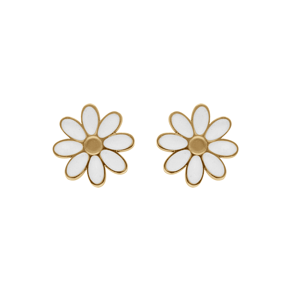 Boucles d\'oreille tige en acier dor� fleur avec p�tales en r�sine blanche - Vue 1